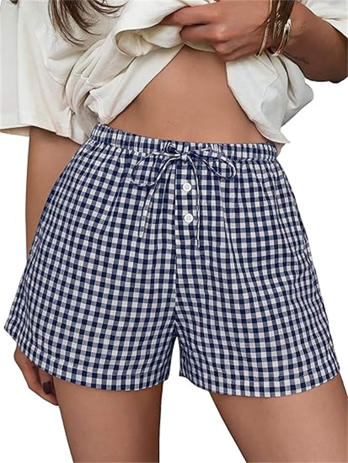 Gingham Check Elastic Waist Summer Shorts - Blue