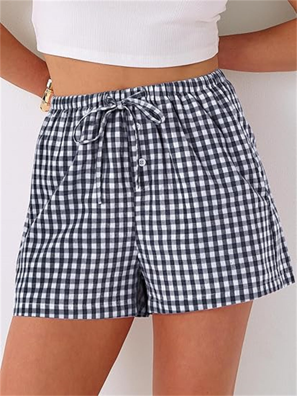 Gingham Check Elastic Waist Summer Shorts - Blue - 1