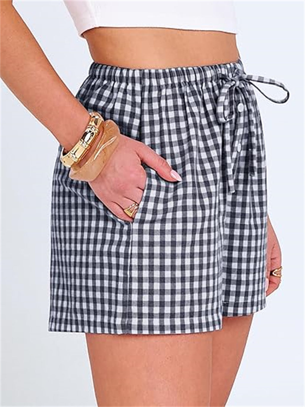 Gingham Check Elastic Waist Summer Shorts - Blue - 2