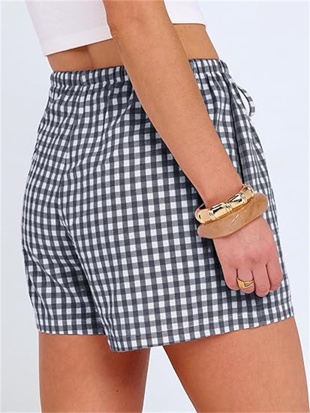 Gingham Check Elastic Waist Summer Shorts - Blue - 3