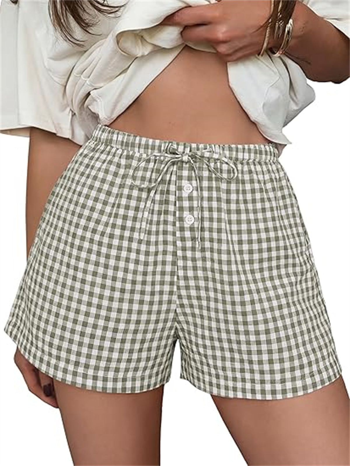 Gingham Check Elastic Waist Summer Shorts - Green