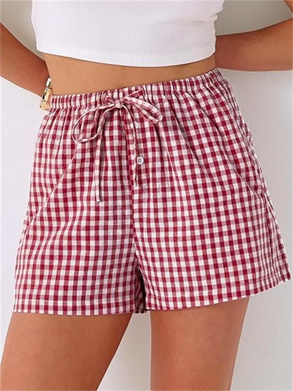 Gingham Check Elastic Waist Summer Shorts - Red