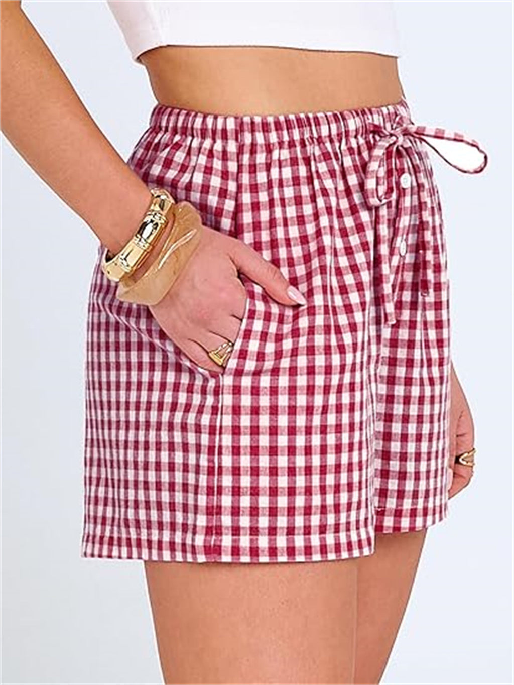 Gingham Check Elastic Waist Summer Shorts - Red - 1