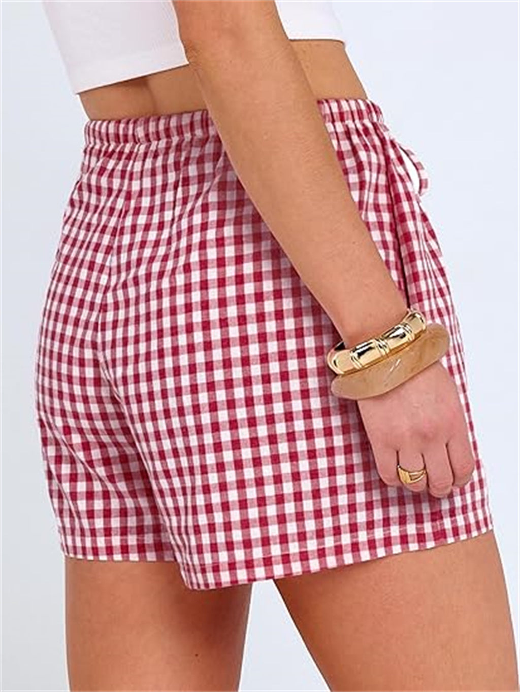Gingham Check Elastic Waist Summer Shorts - Red - 2