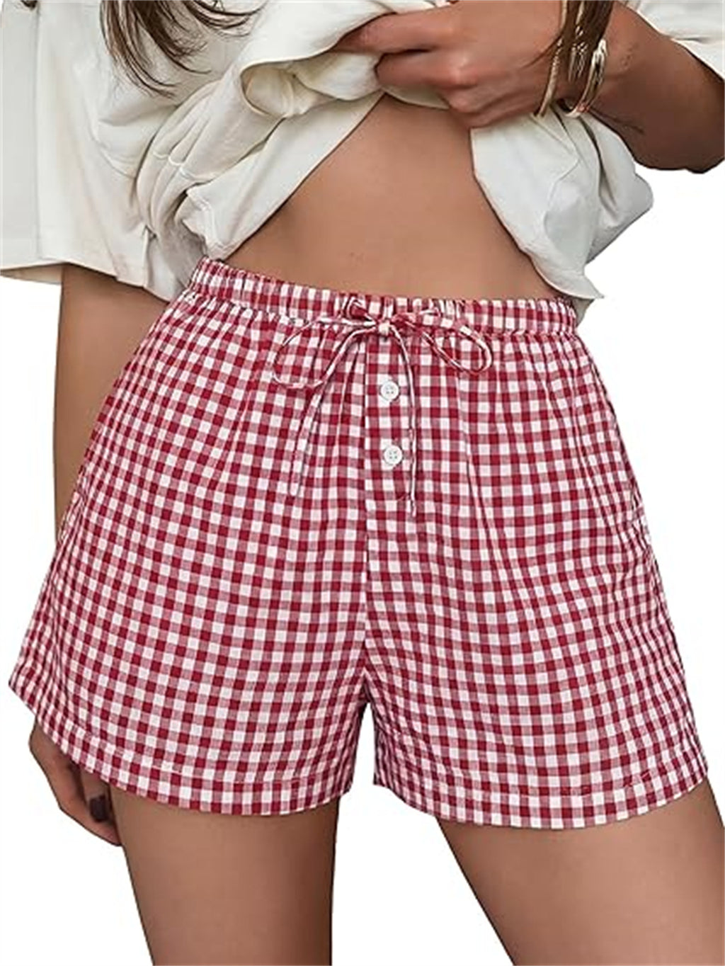 Gingham Check Elastic Waist Summer Shorts - Red - 4