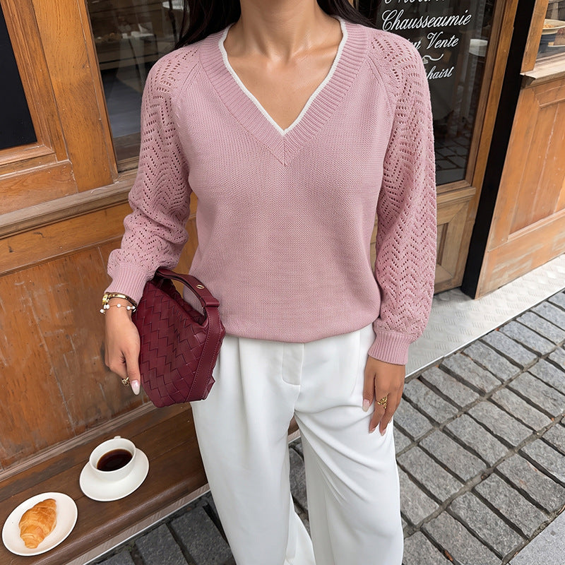 Pointelle Sleeve Split Neck Knit Sweater - Pink