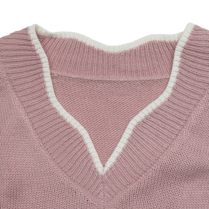 Pointelle Sleeve Split Neck Knit Sweater - Pink - 1