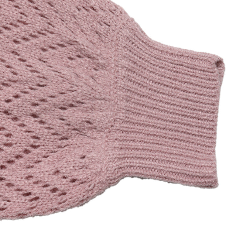 Pointelle Sleeve Split Neck Knit Sweater - Pink - 2