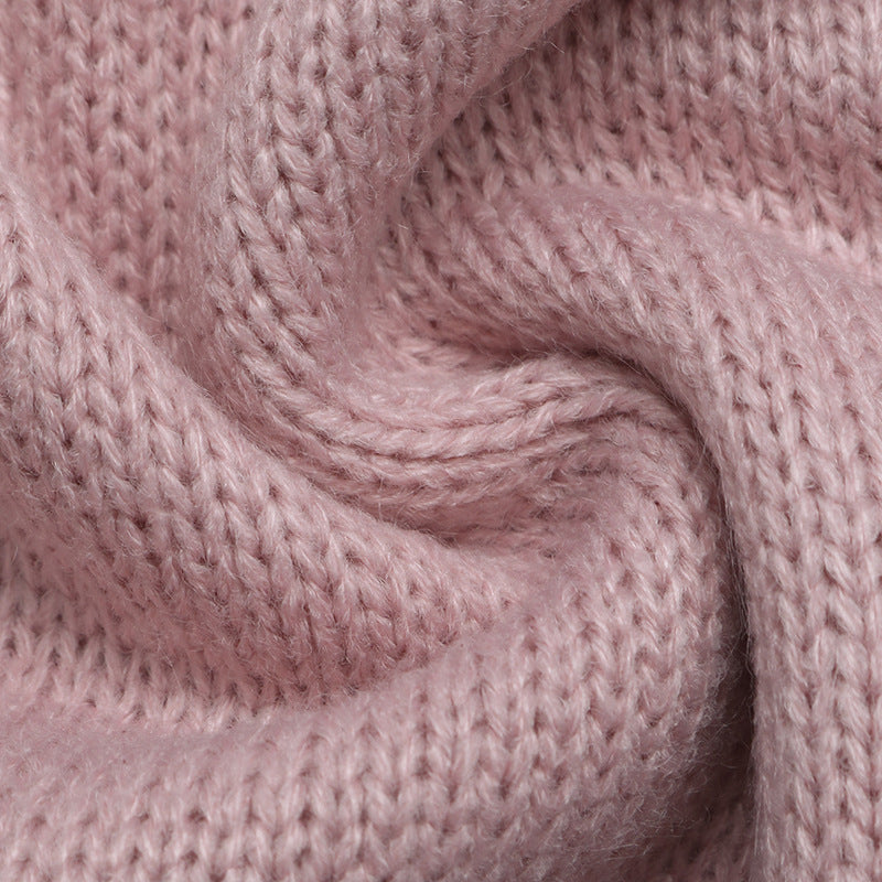 Pointelle Sleeve Split Neck Knit Sweater - Pink - 4