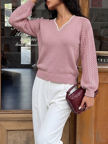 Pointelle Sleeve Split Neck Knit Sweater - Pink - 5