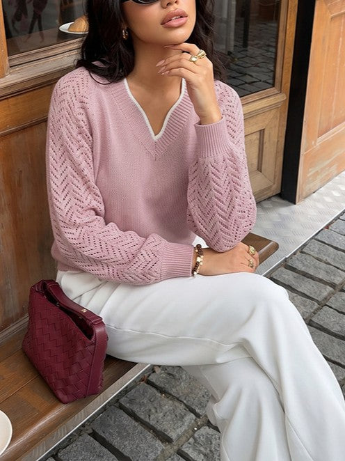 Pointelle Sleeve Split Neck Knit Sweater - Pink - 7
