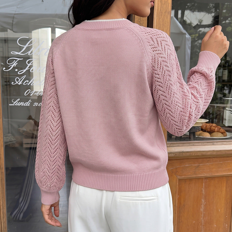 Pointelle Sleeve Split Neck Knit Sweater - Pink - 8