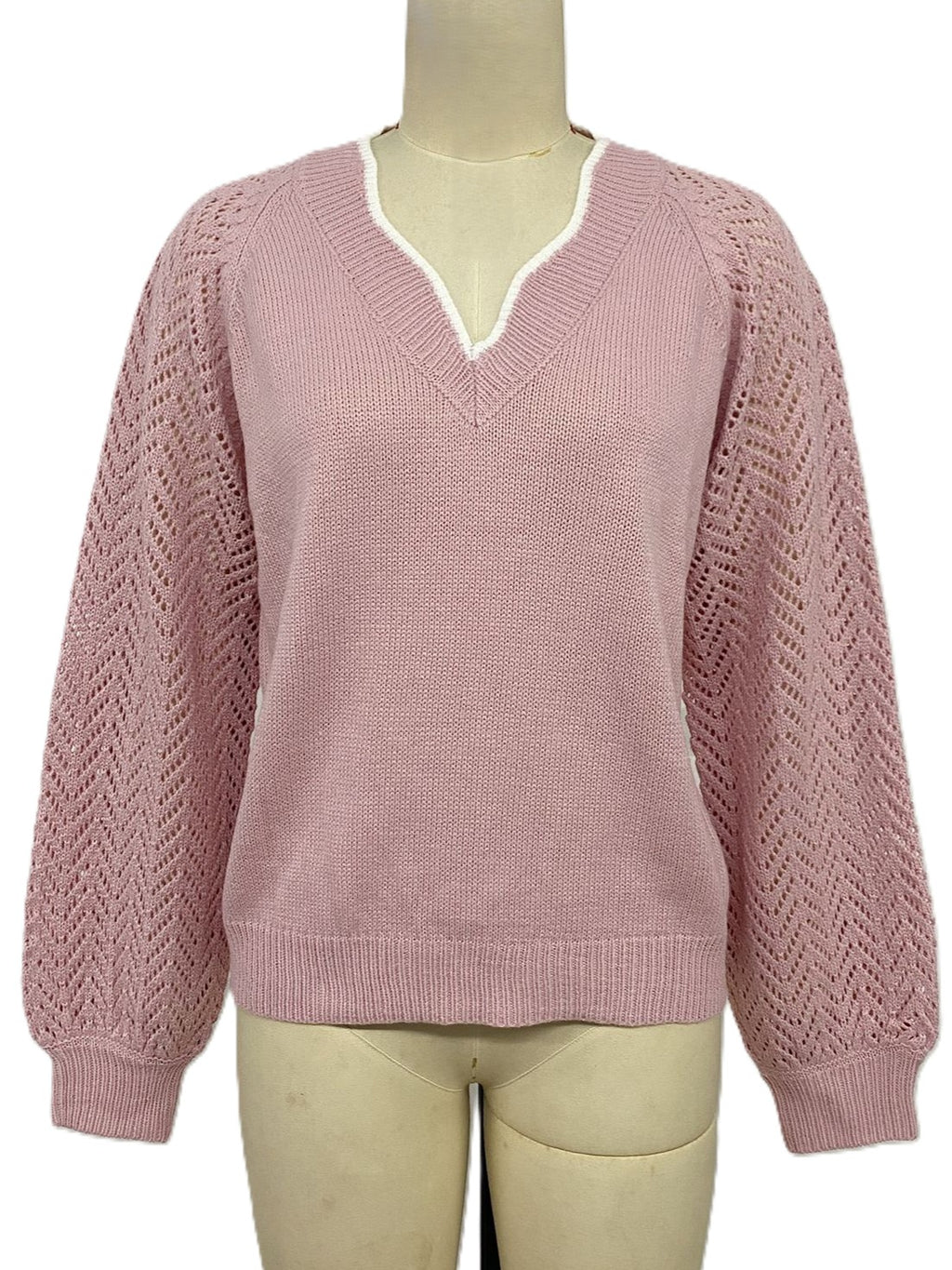 Pointelle Sleeve Split Neck Knit Sweater - Pink - 9