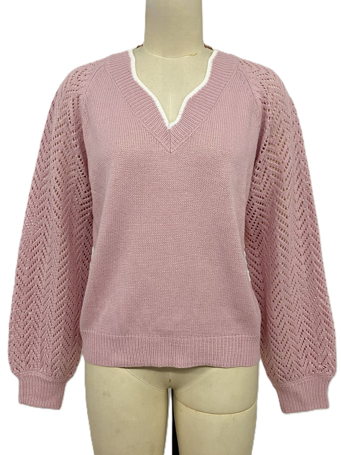 Pointelle Sleeve Split Neck Knit Sweater - Pink - 9