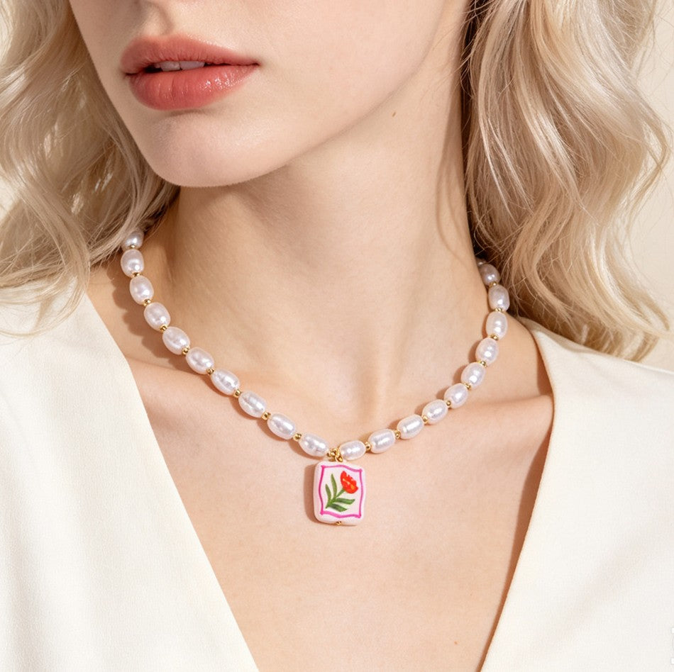 Dainty Ceramic Flower & Pearl Beaded Choker Necklace on model