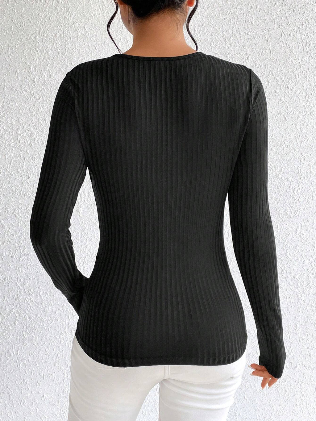 Chest Cutout Ribbed Long Sleeve Top - Black - 1