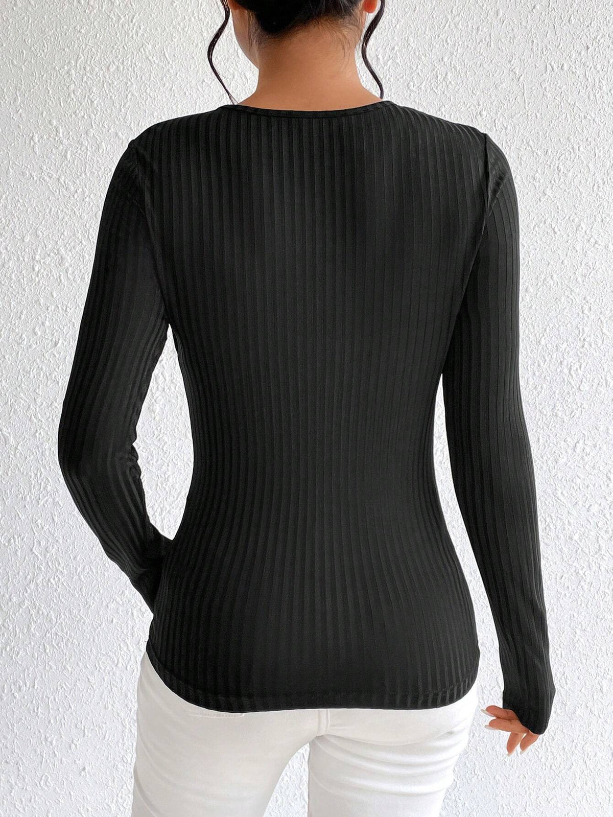 Chest Cutout Ribbed Long Sleeve Top - Black - 1