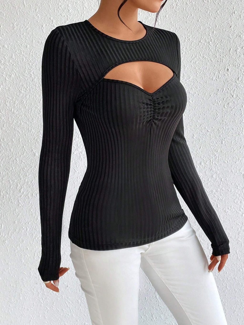 Chest Cutout Ribbed Long Sleeve Top - Black - 5