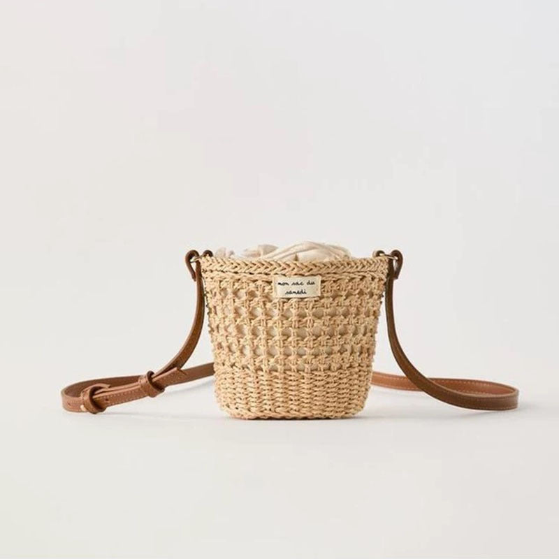 Woven Straw Drawstring Bucket Shoulder Bag - Color