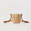 Woven Straw Drawstring Bucket Shoulder Bag - Color
