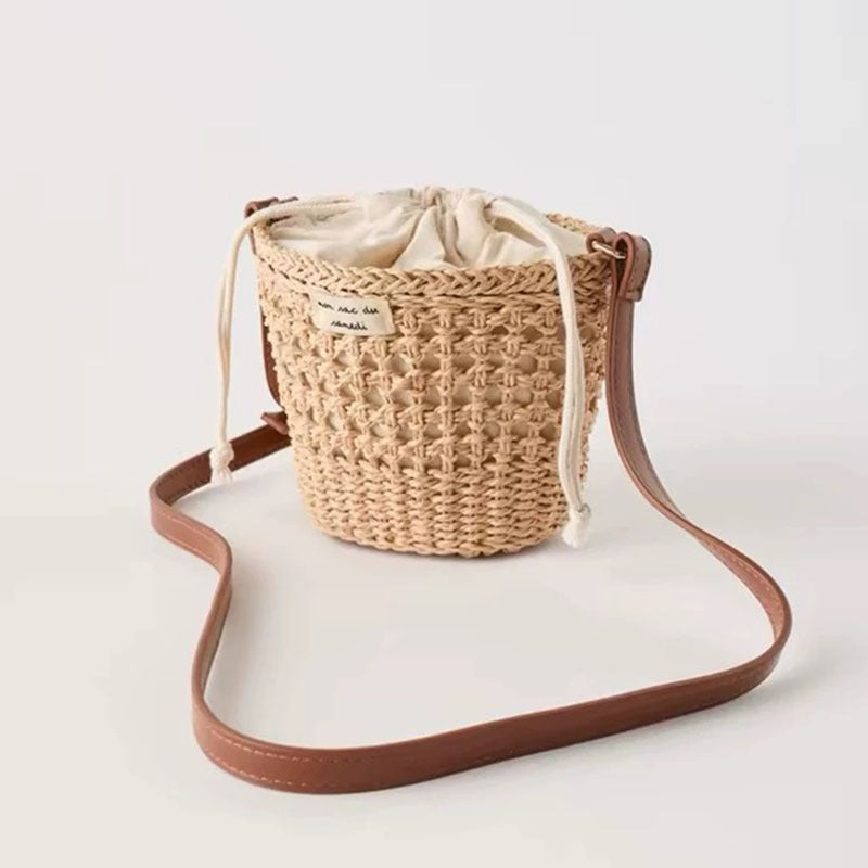 Woven Straw Drawstring Bucket Shoulder Bag - Color - 1