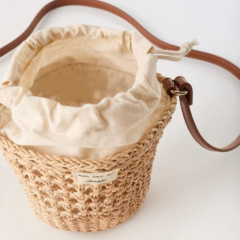 Woven Straw Drawstring Bucket Shoulder Bag - Color - 2