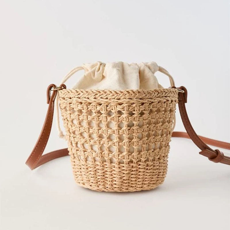 Woven Straw Drawstring Bucket Shoulder Bag - Color - 3