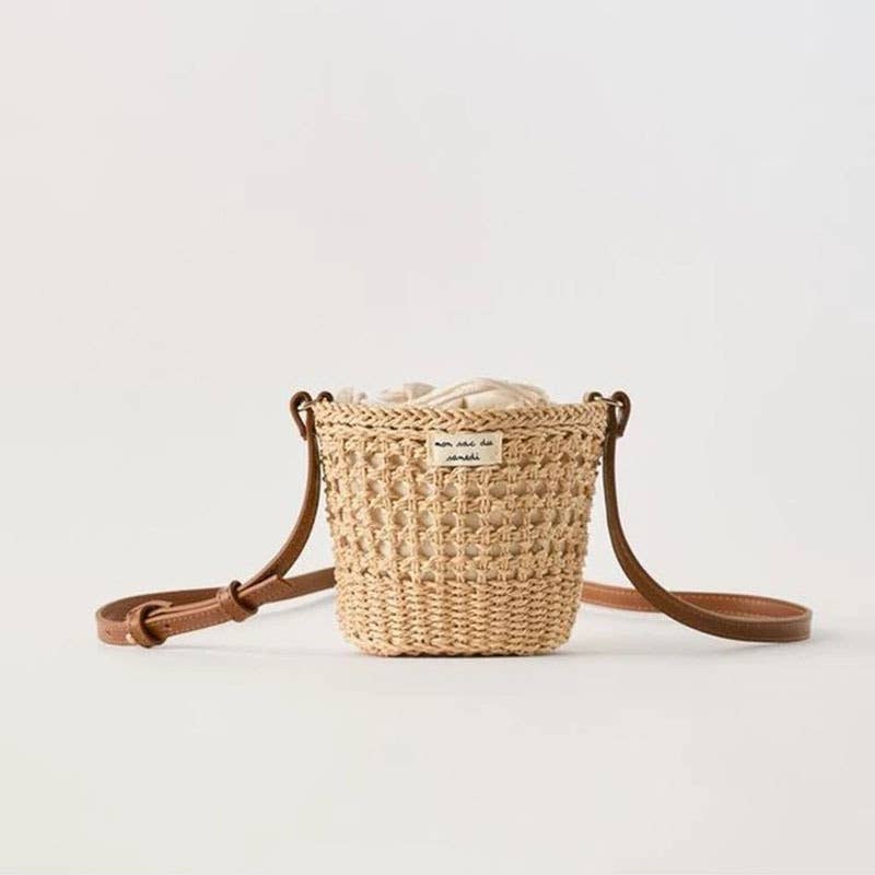 Woven Straw Drawstring Bucket Shoulder Bag