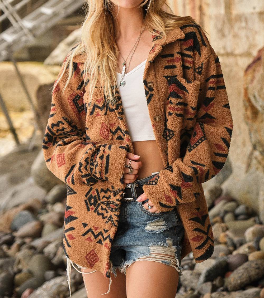 Aztec Print Plush Button Front Shacket - Camel