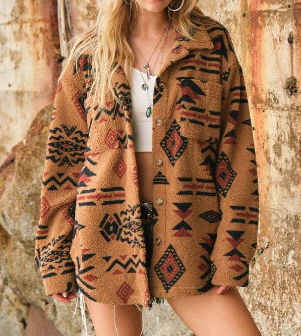 Aztec Print Plush Button Front Shacket - Camel - 1
