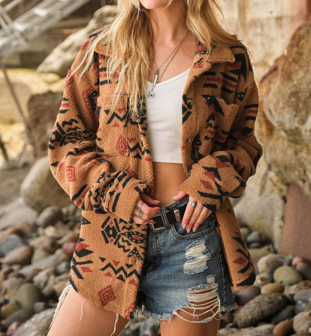 Aztec Print Plush Button Front Shacket - Camel - 2