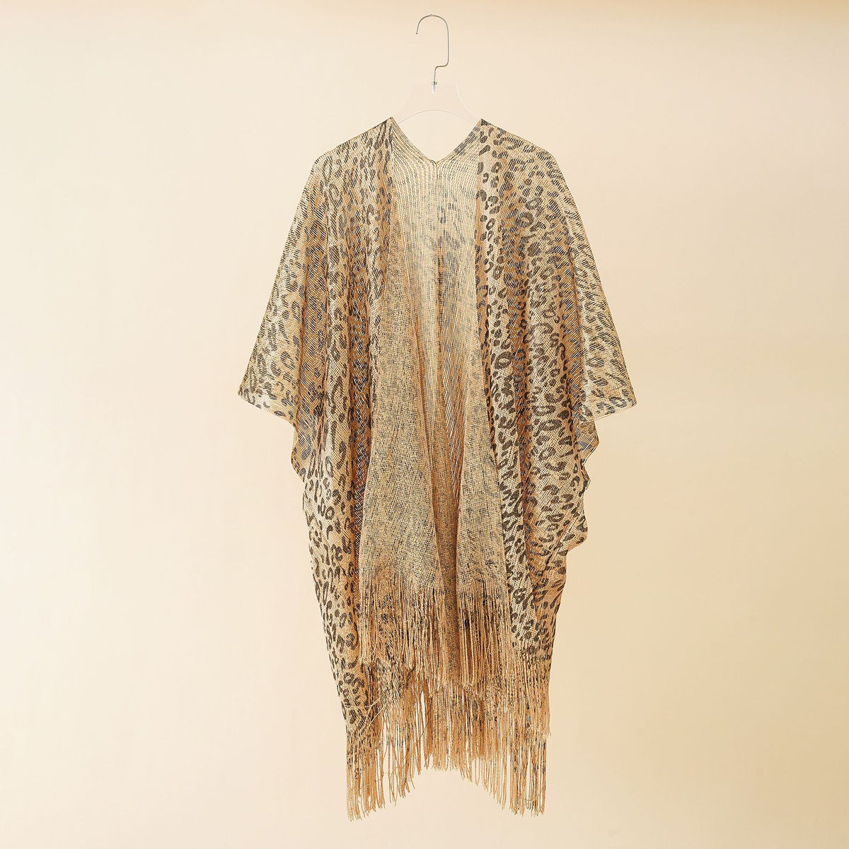 Animal Print Fringed Sheer Kimono - Golden - 1