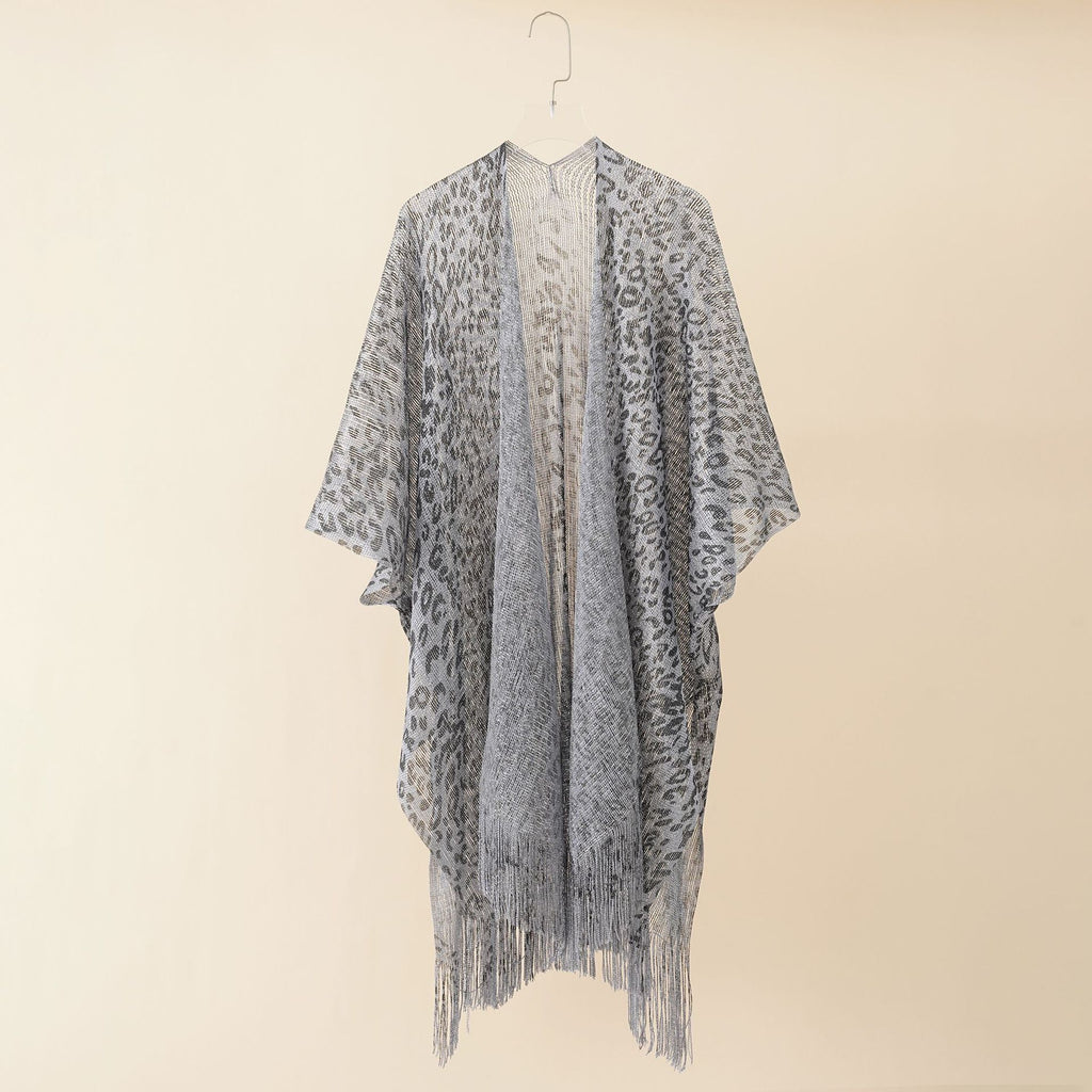 Animal Print Fringed Sheer Kimono - Grey