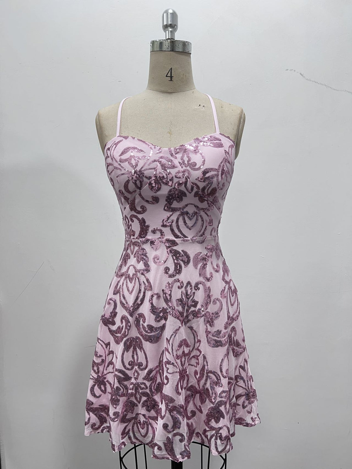 Botanical Sequin Sweetheart Flare Mini Dress - Rose - 1