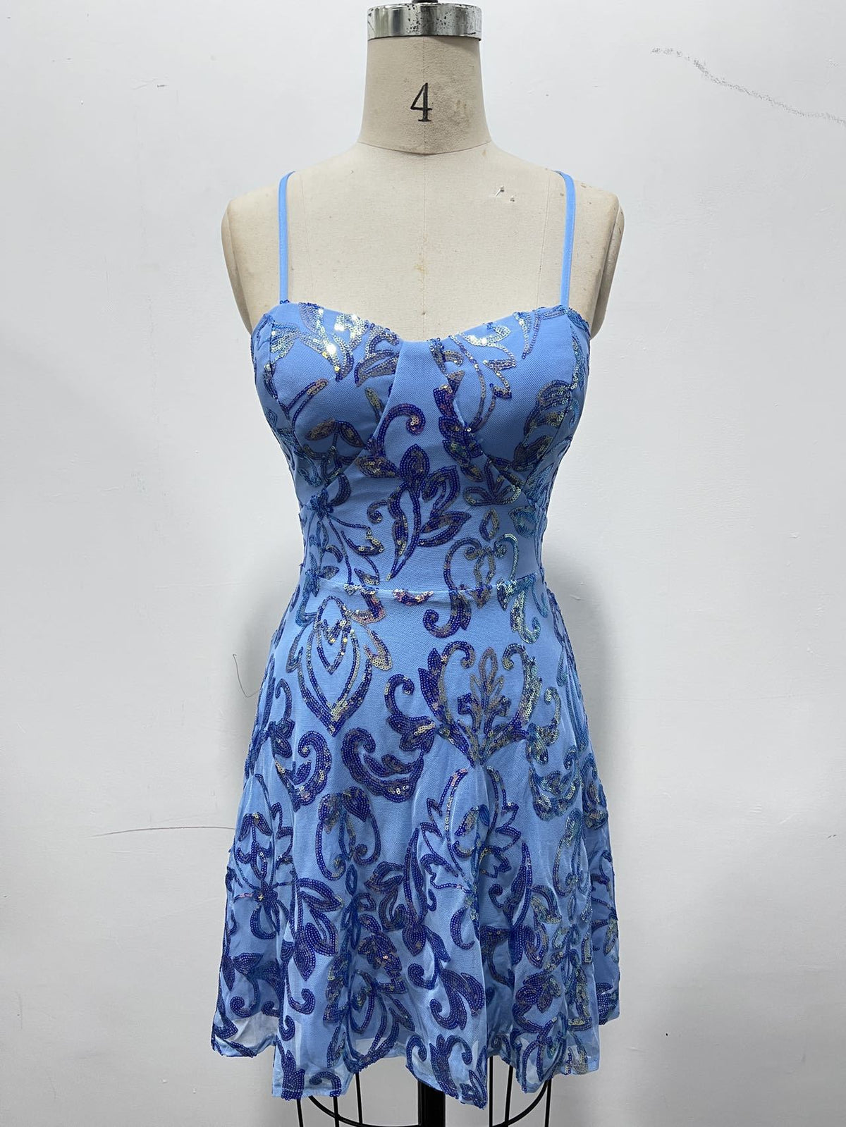 Botanical Sequin Sweetheart Flare Mini Dress - SkyBlue