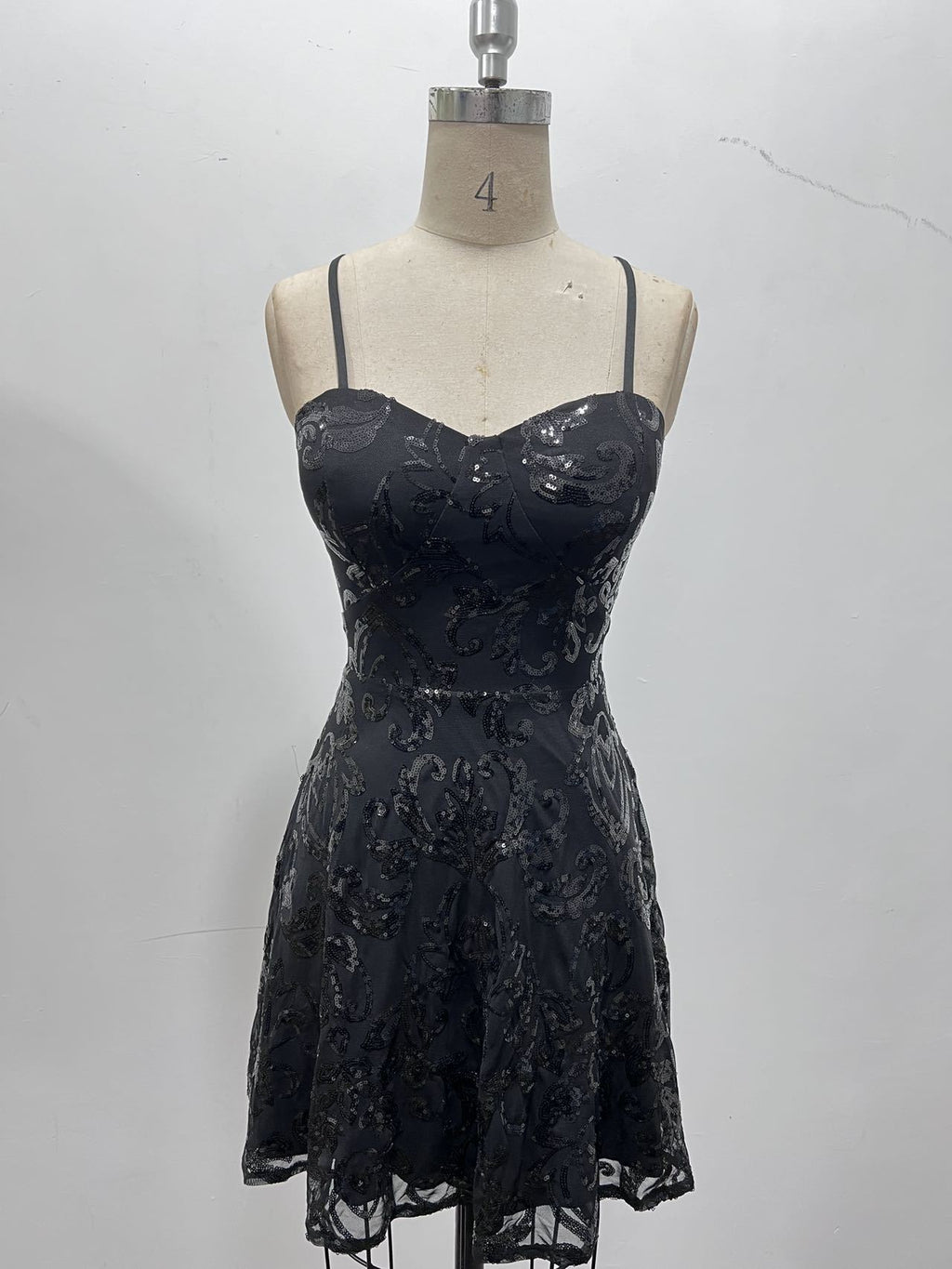 Botanical Sequin Sweetheart Flare Mini Dress - black