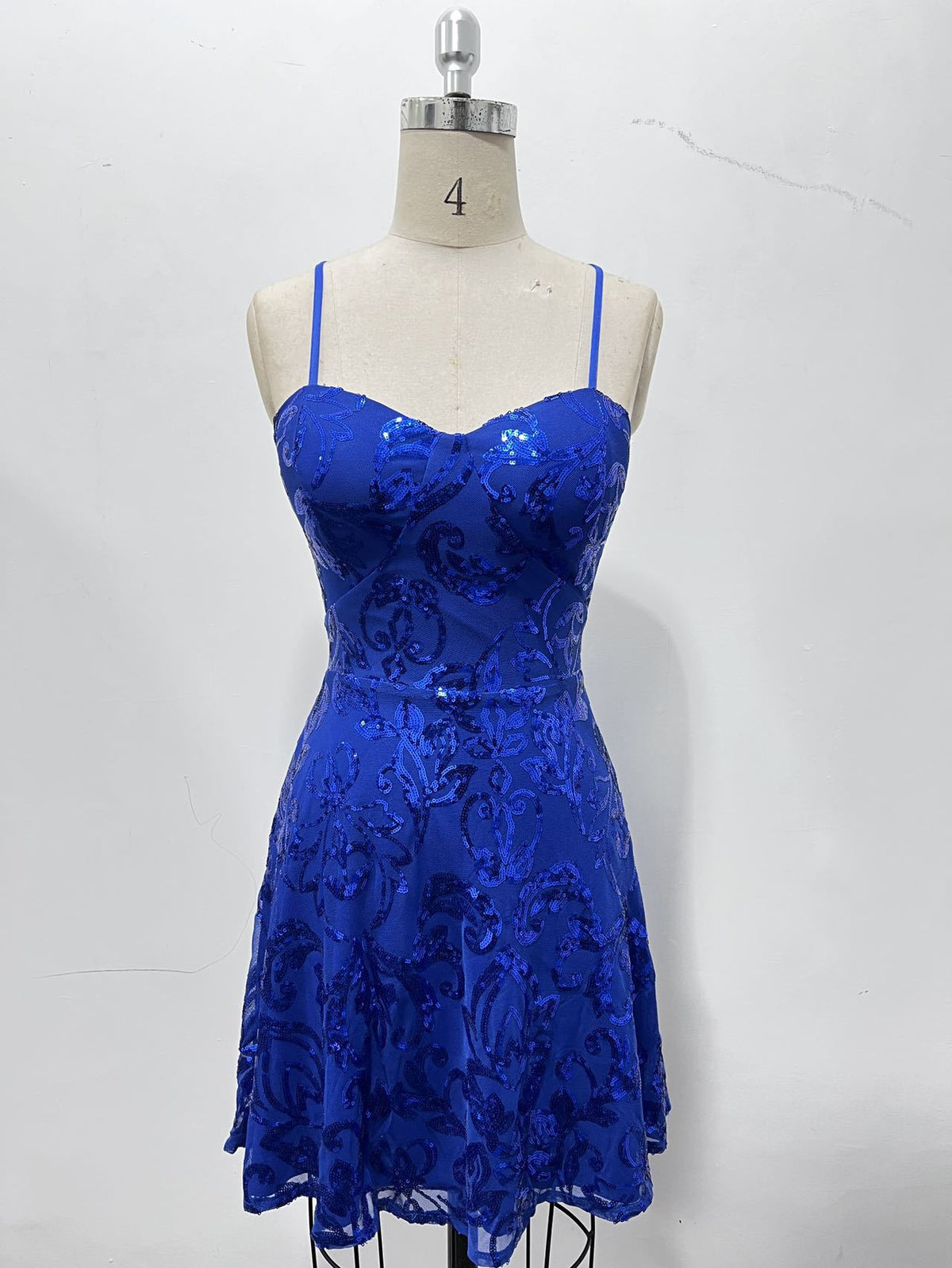 Botanical Sequin Sweetheart Flare Mini Dress - blue