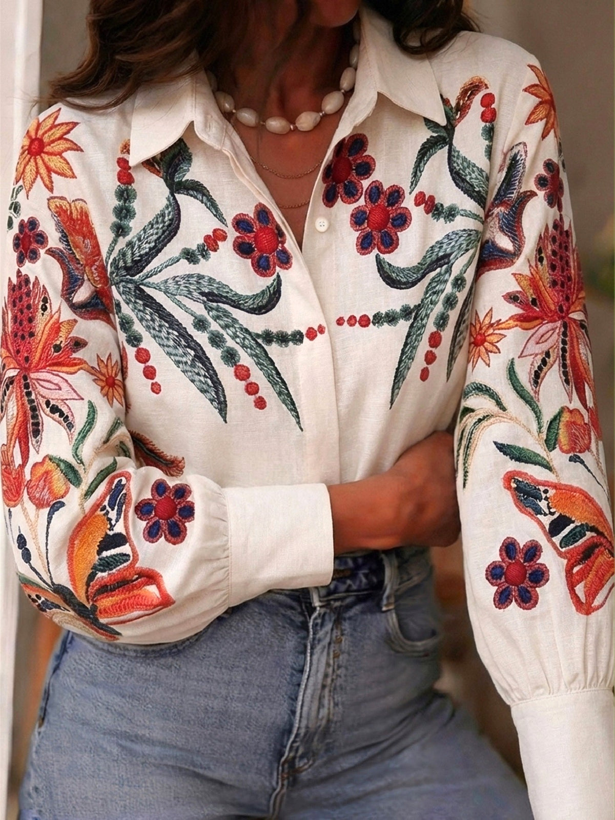 Botanical Print Blouse With Balloon Sleeves - Apricot