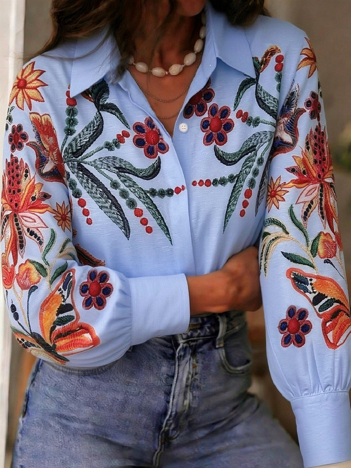 Botanical Print Blouse With Balloon Sleeves - Blue