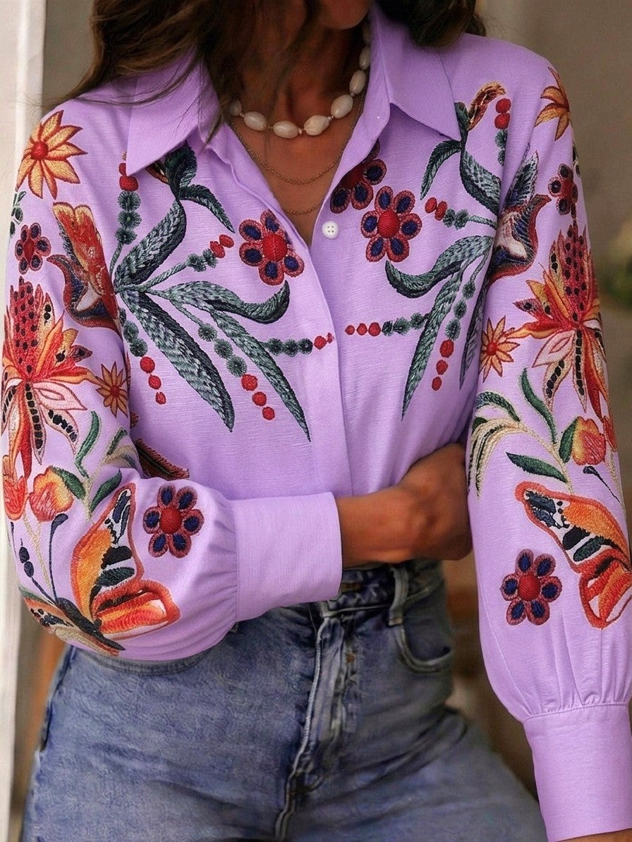 Botanical Print Blouse With Balloon Sleeves - Purple