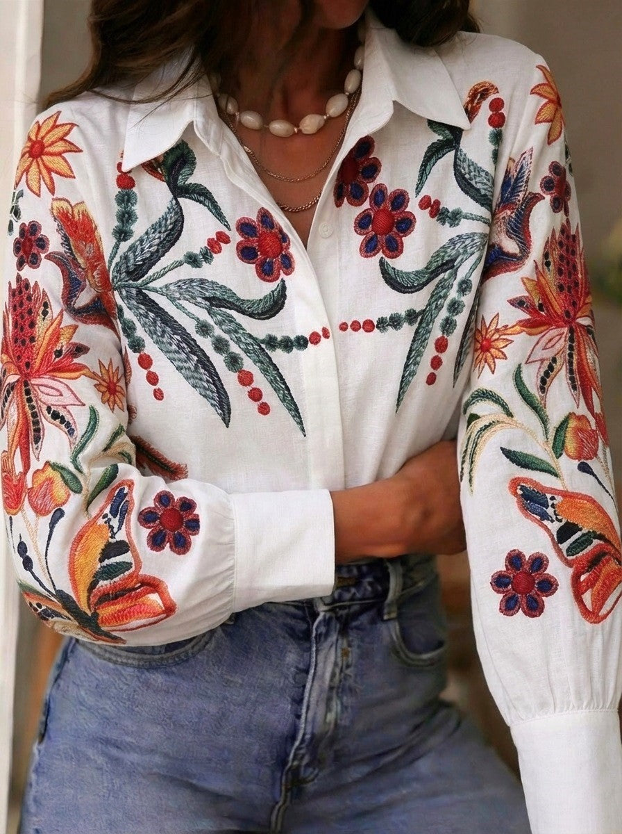 Botanical Print Blouse With Balloon Sleeves - White
