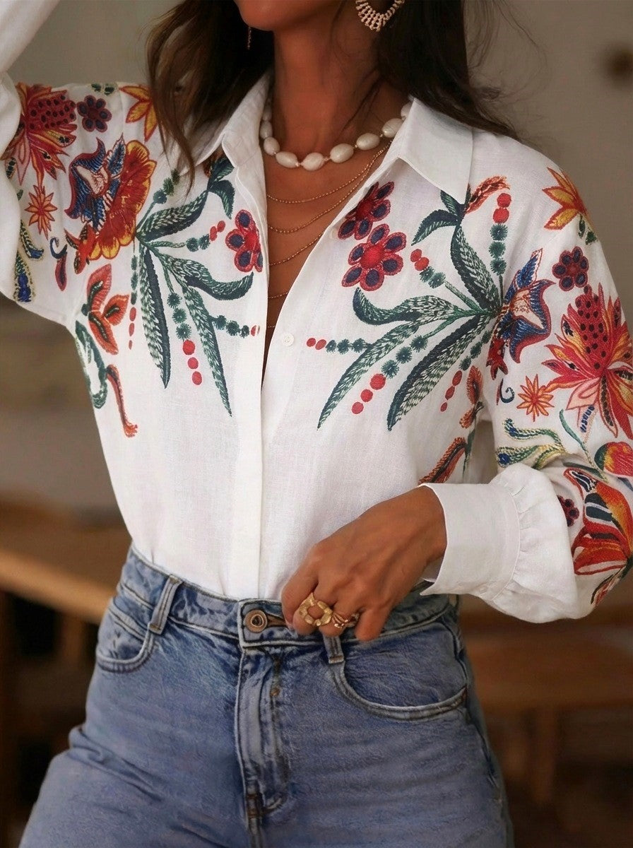 Botanical Print Blouse With Balloon Sleeves - White - 1