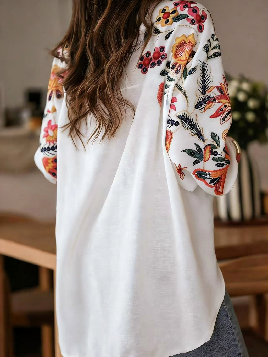 Botanical Print Blouse With Balloon Sleeves - White - 2