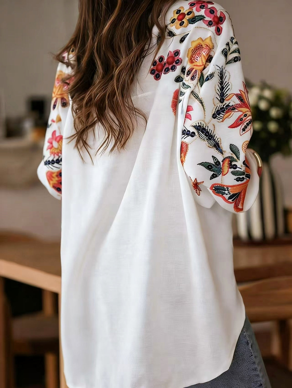 Botanical Print Blouse With Balloon Sleeves - White - 2