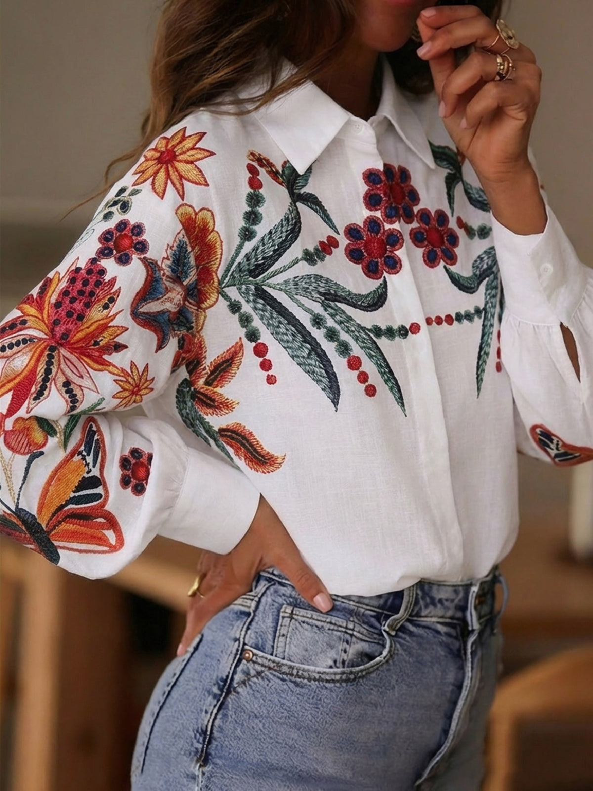 Botanical Print Blouse With Balloon Sleeves - White - 3