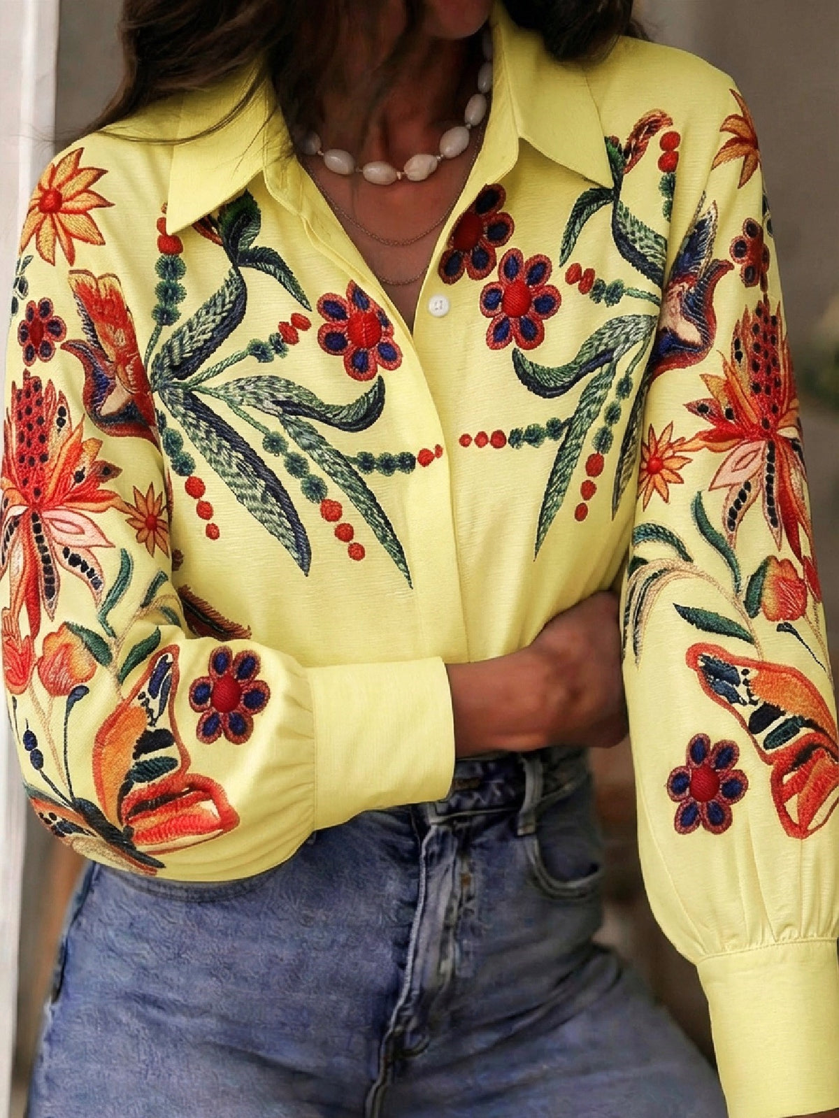 Botanical Print Blouse With Balloon Sleeves - Yellow
