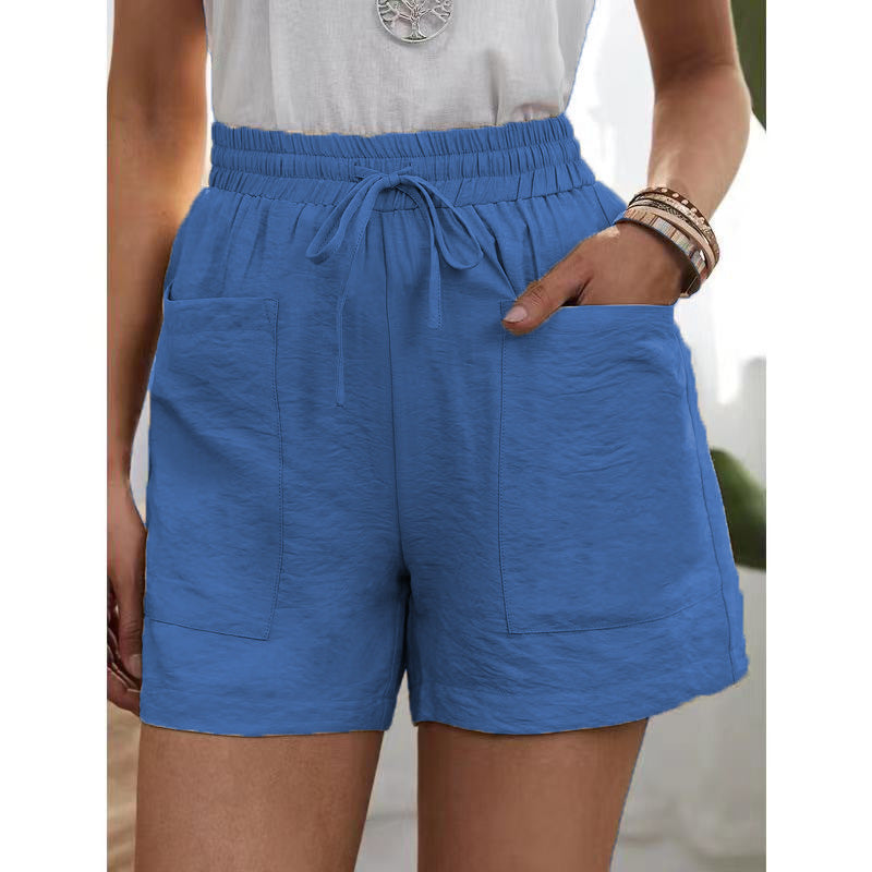 High Waist Paperbag Shorts With Patch Pockets - Blue