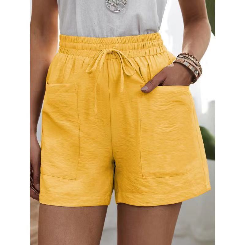 High Waist Paperbag Shorts With Patch Pockets - Yellow