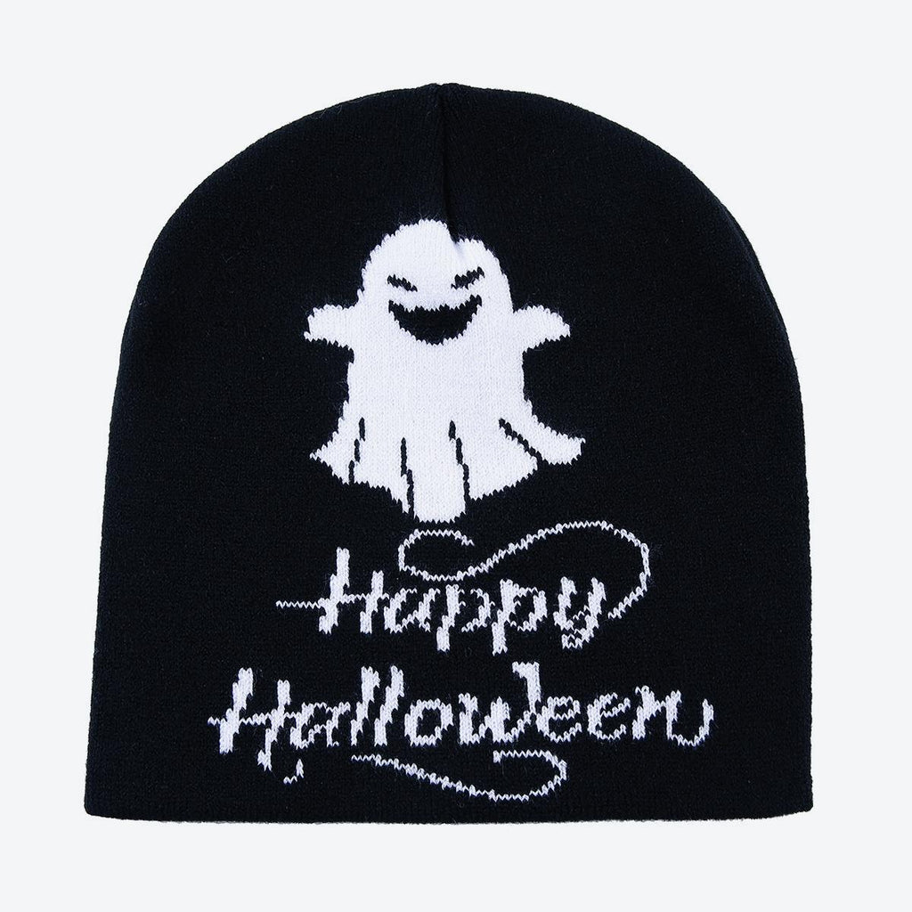 Spooky Ghost Knit Beanie for Halloween Nights - Black