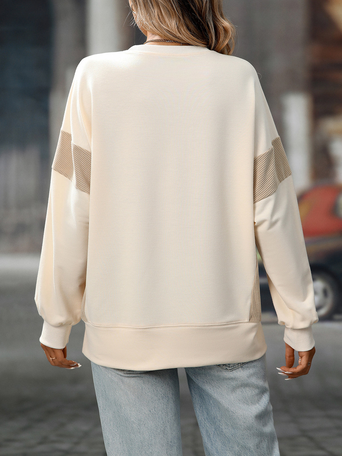 Panelled Sleeve Drop Shoulder Sweatshirt - Apricot - 1